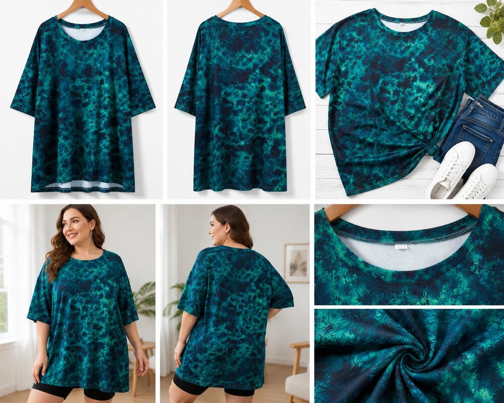 Women’s Plus Size 7XL Teal Green & Black Abstract Tunic Top